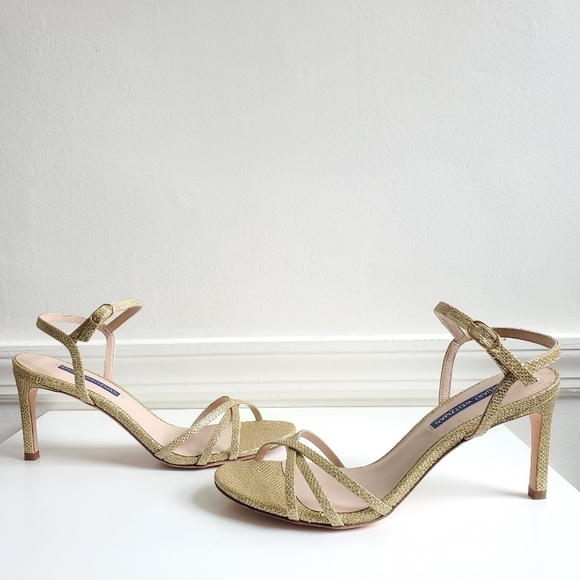 New Stuart Weitzman Gold Starla 80mm Crisscross Metallic Glitter Sandals - Picture 14 of 16